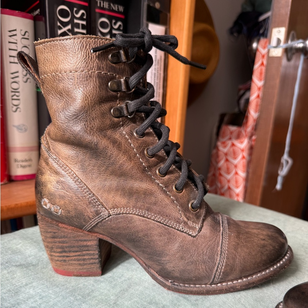 Bed Stu Distressed Brown Leather Lace-Up Block Heel Ankle Boots